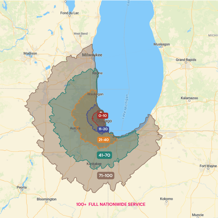 Chicagoland delivery zones by miles from 60625