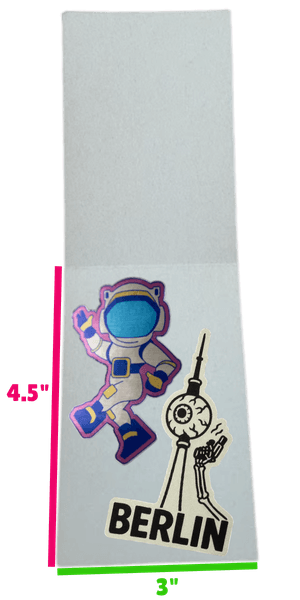 Two different stickers side by side inside open folder